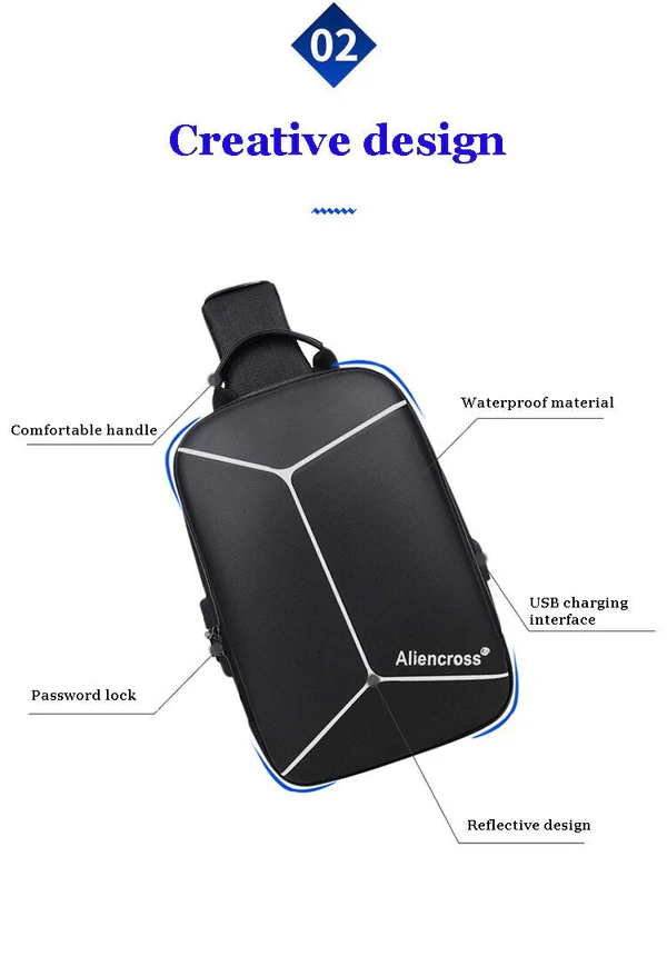 Detailed features of the creative design Alliencross chest bag including a password lock and USB charging interface.