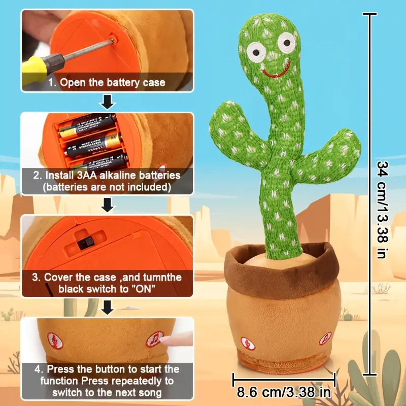 Four-step guide on how to install batteries and start the function on the original product dancing cactus toy.