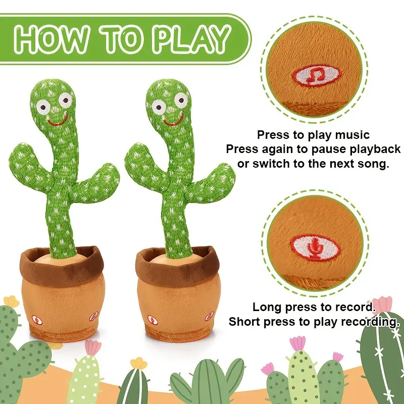 Two dancing cactus toy units showing press-to-play music and long-press-to-record voice functions.