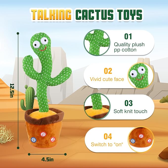 Dimensions and quality features of the dancing cactus toy showing 12.5 inch height and soft knit fabric.