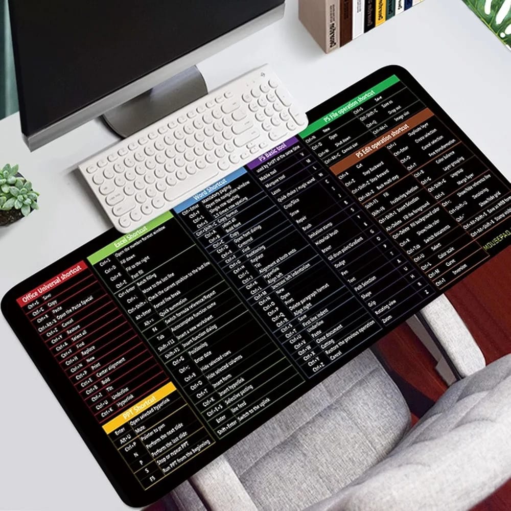 Ergonomic desk setup featuring the keyboard shortcut mat original product for enhanced workflow productivity.