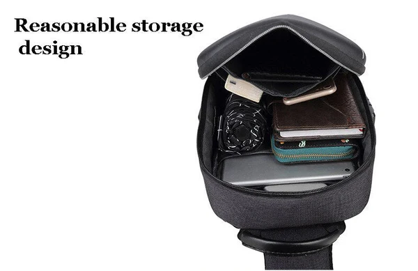 Internal storage view of the Alliencross chest bag original product showing space for an umbrella, wallet, and tablet.