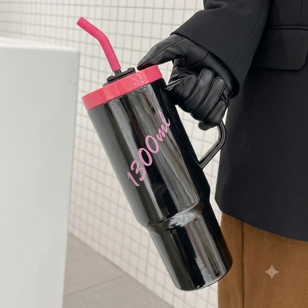 A person holding a black 1300ml insulated water bottle by its sturdy handle, demonstrating portability.