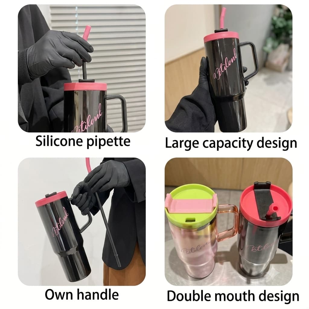 Collage showing the silicone pipette, large capacity design, handle, and double mouth design of an insulated water bottle.