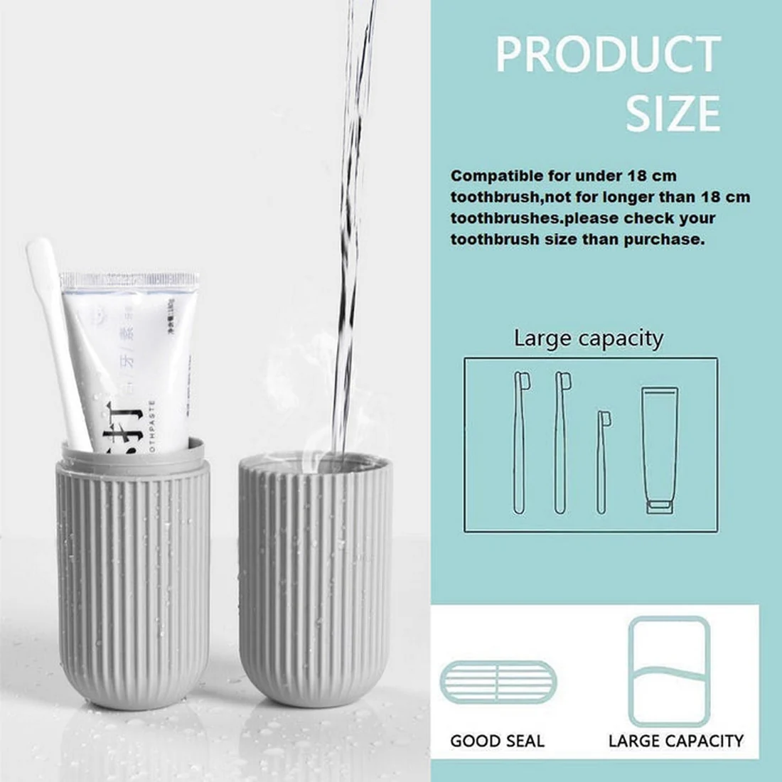 Detailed size guide for the toothpaste case organizer showing its large capacity for toothbrushes and toothpaste.