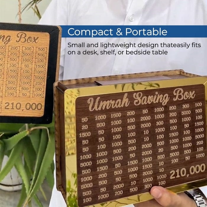 Compact and portable Umrah saving box being held to show its lightweight design and easy-to-use savings grid.