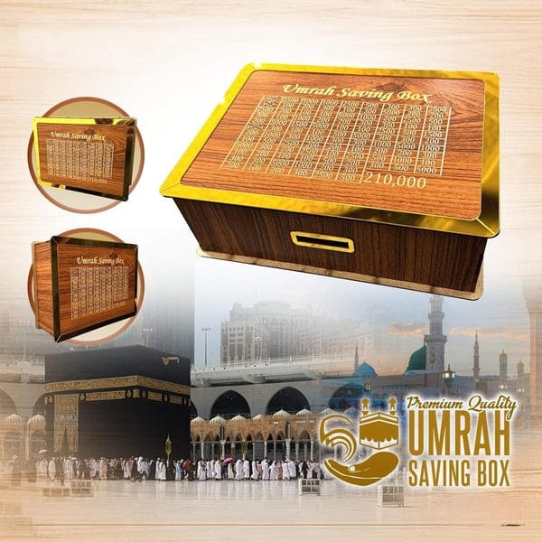 Premium quality Umrah saving box with golden accents shown alongside a background of the Holy Kaaba.