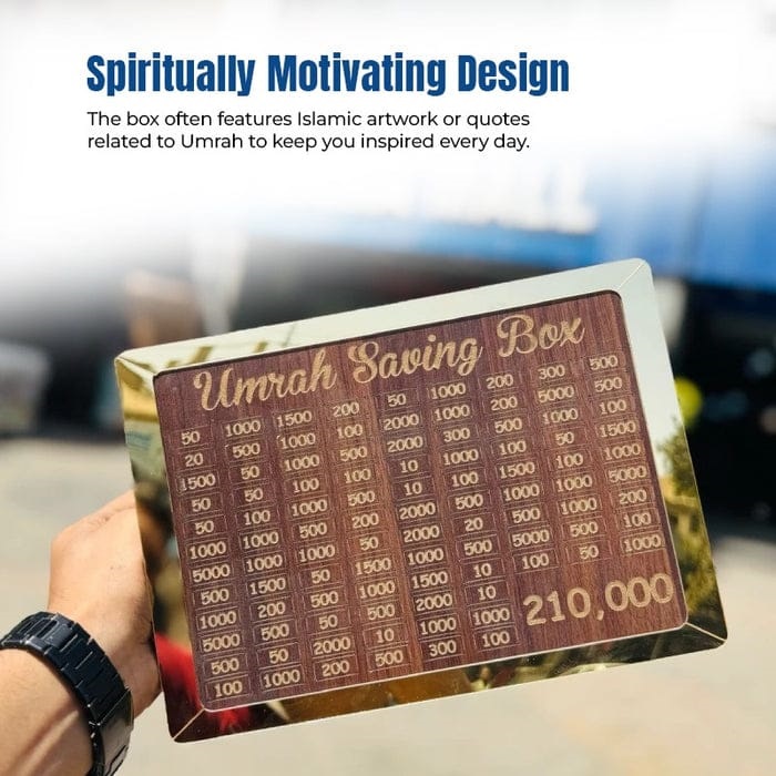 Spiritually motivating Umrah saving box design with a goal of 210,000 for your sacred journey.
