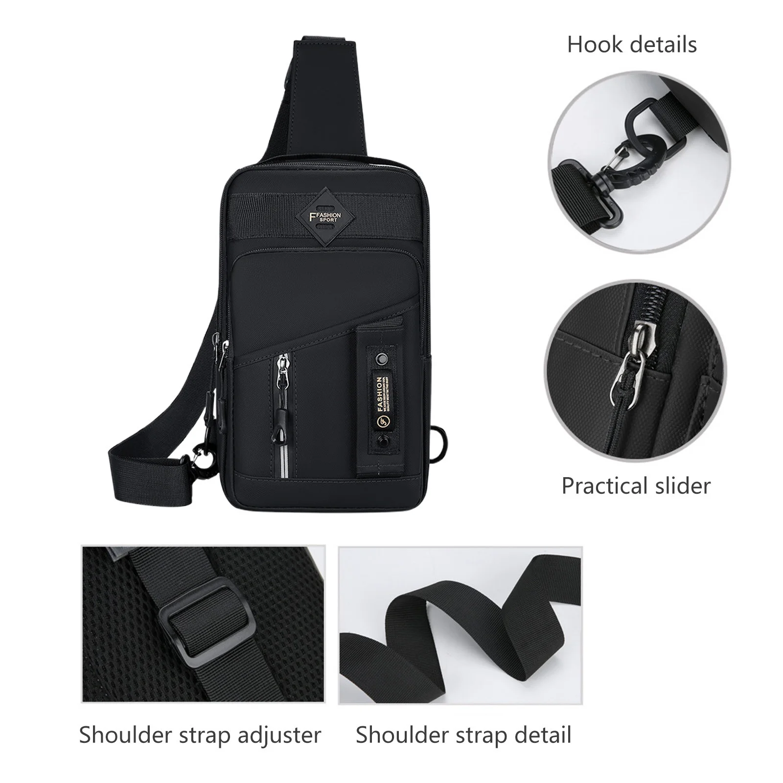 Detailed features of a men's chest bag including hook details, practical slider, and shoulder strap adjuster from our trusted store.