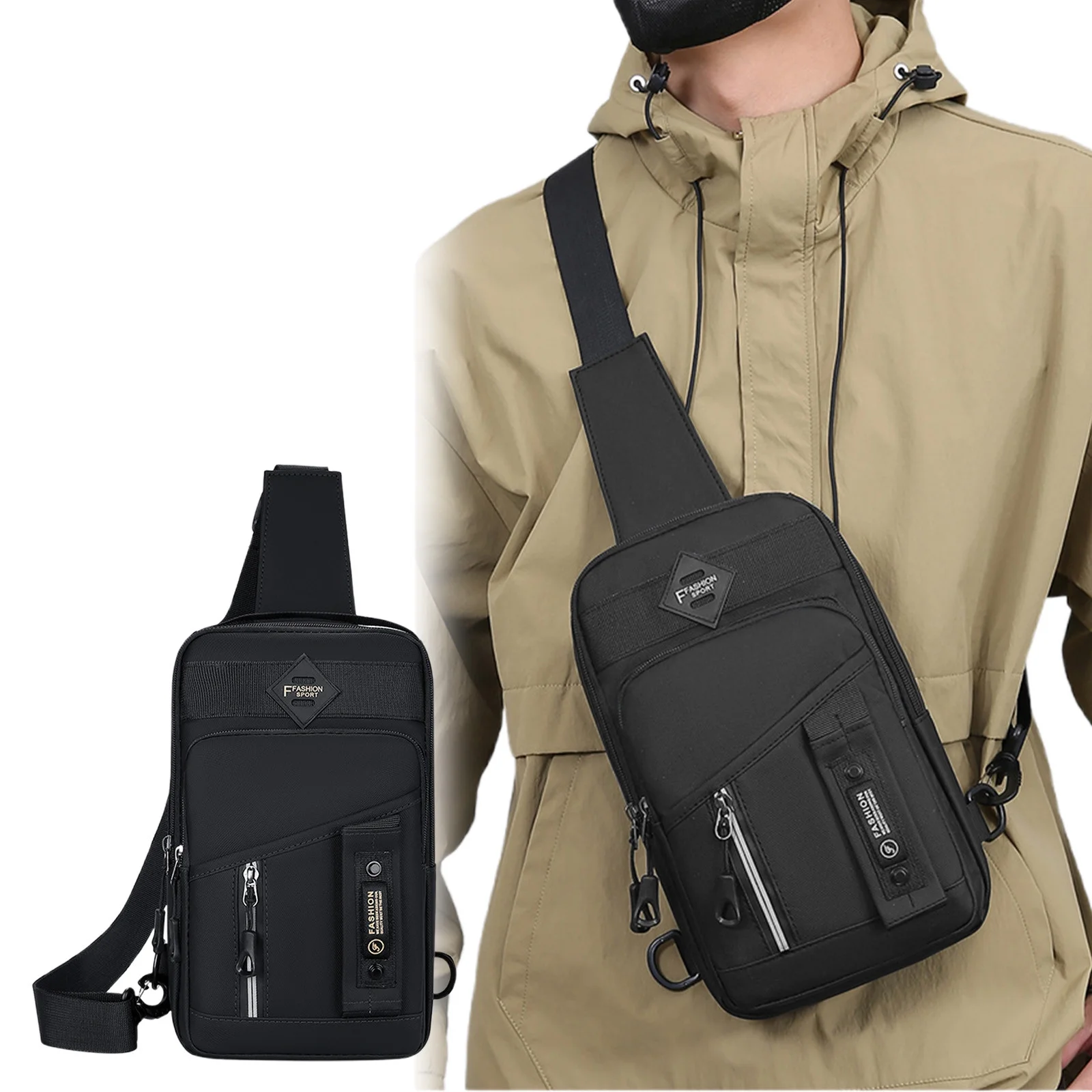 Side-by-side view of a men's chest bag showing the product alone and how it looks when worn over a beige jacket.