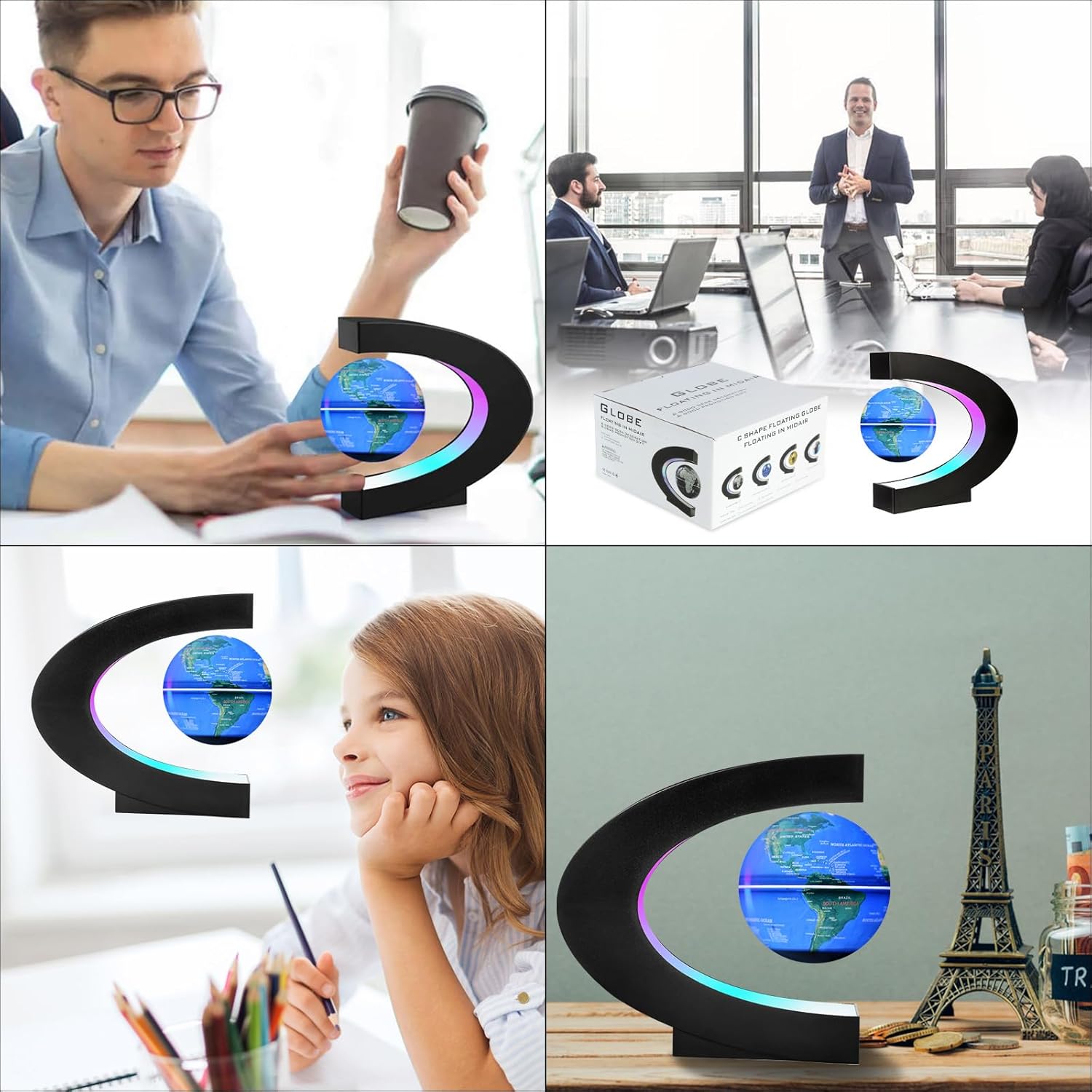 Four-panel collage showing a C shape magnetic levitation globe used by professionals, children, and as home decor.