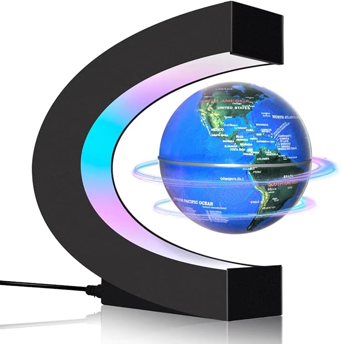 Close-up of an original product C shape magnetic levitation globe with colorful LED levitation frame and power cable.