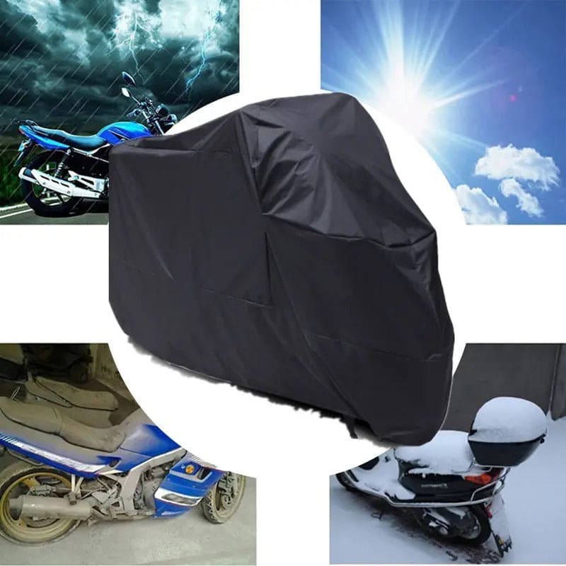 A collage showing a waterproof bike cover protecting motorcycles against extreme weather conditions including lightning storms bright sunlight and heavy snow.