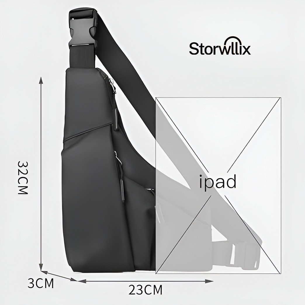 Size guide for the original product anti theft chest bag showing 32cm height and iPad compatibility.