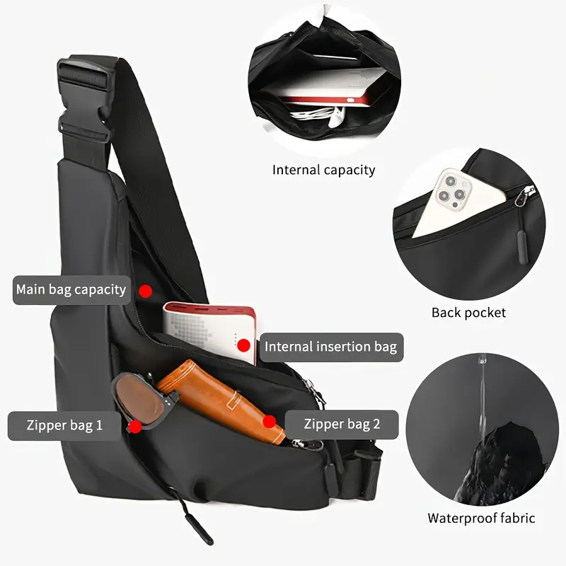 Infographic showing the waterproof fabric and internal pockets of the anti theft chest bag from our trusted store.
