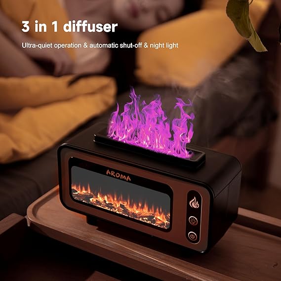 A 3-in-1 fireplace aroma diffuser original product with purple flame light in a cozy bedroom setting.