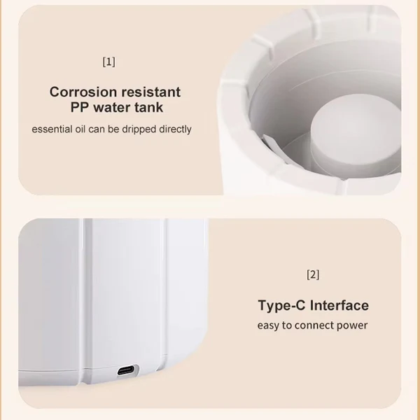 Technical features of the bonfire aroma diffuser including corrosion-resistant tank and Type-C power.