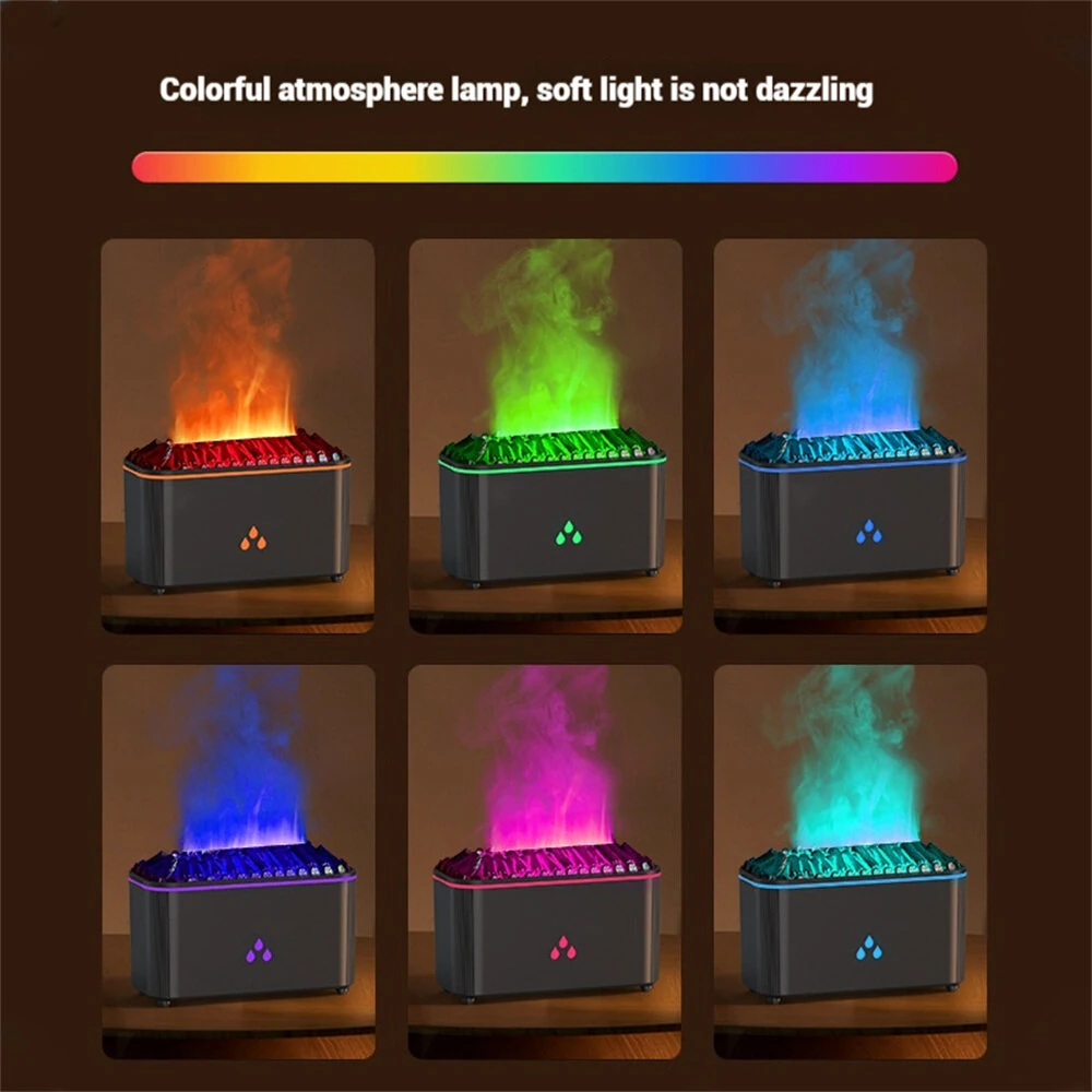 Six different color modes of the aroma oil diffuser including orange, green, blue, purple, and cyan mist effects
