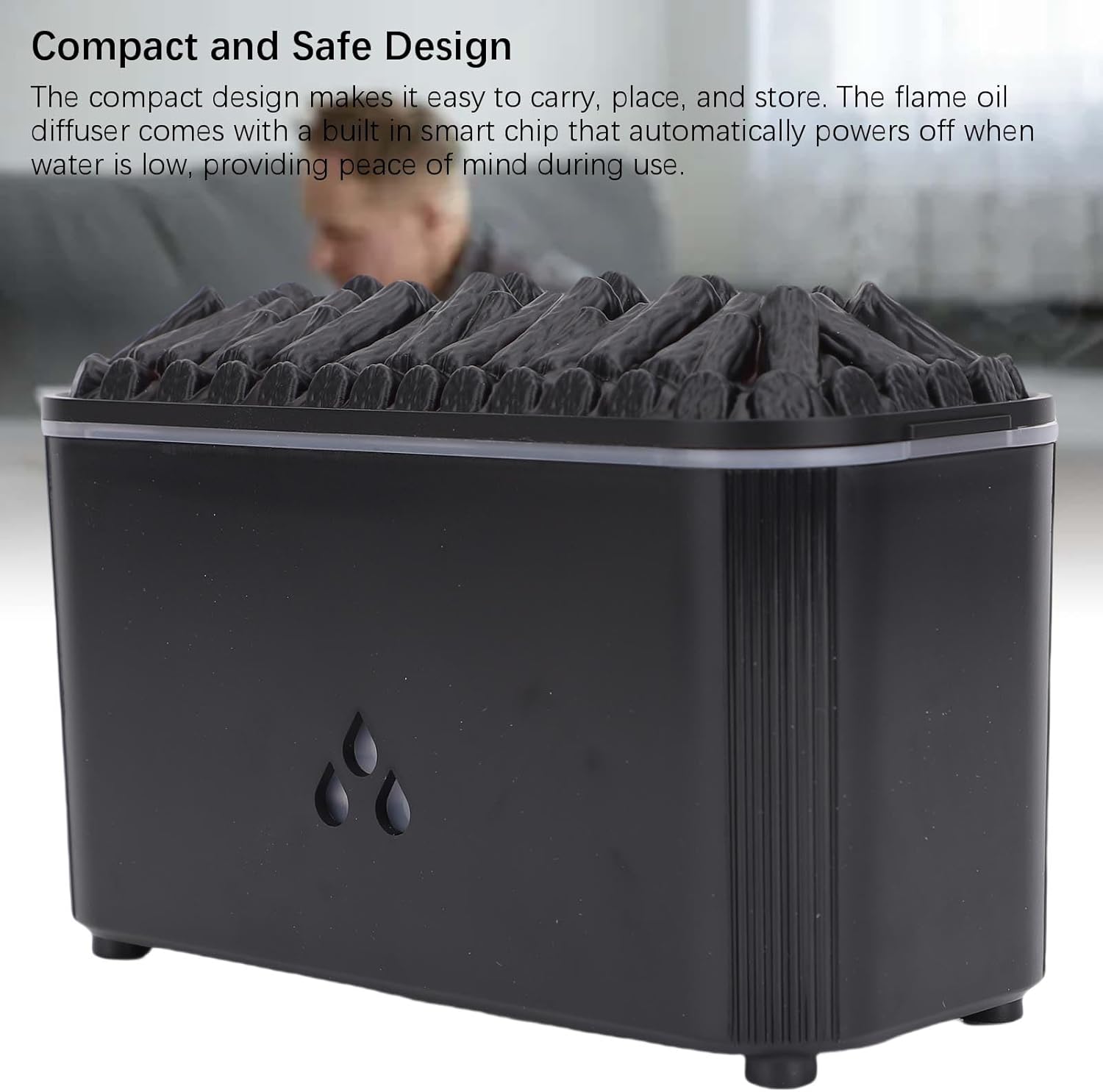 Compact matte black charcoal flame aroma oil diffuser with smart waterless automatic power off feature from a trusted store.