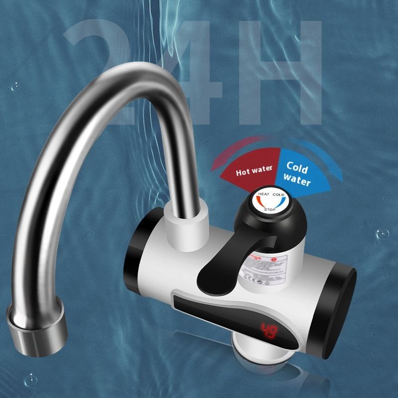Close-up of the handle on an electric instant faucet allowing easy switching between hot and cold water flow.