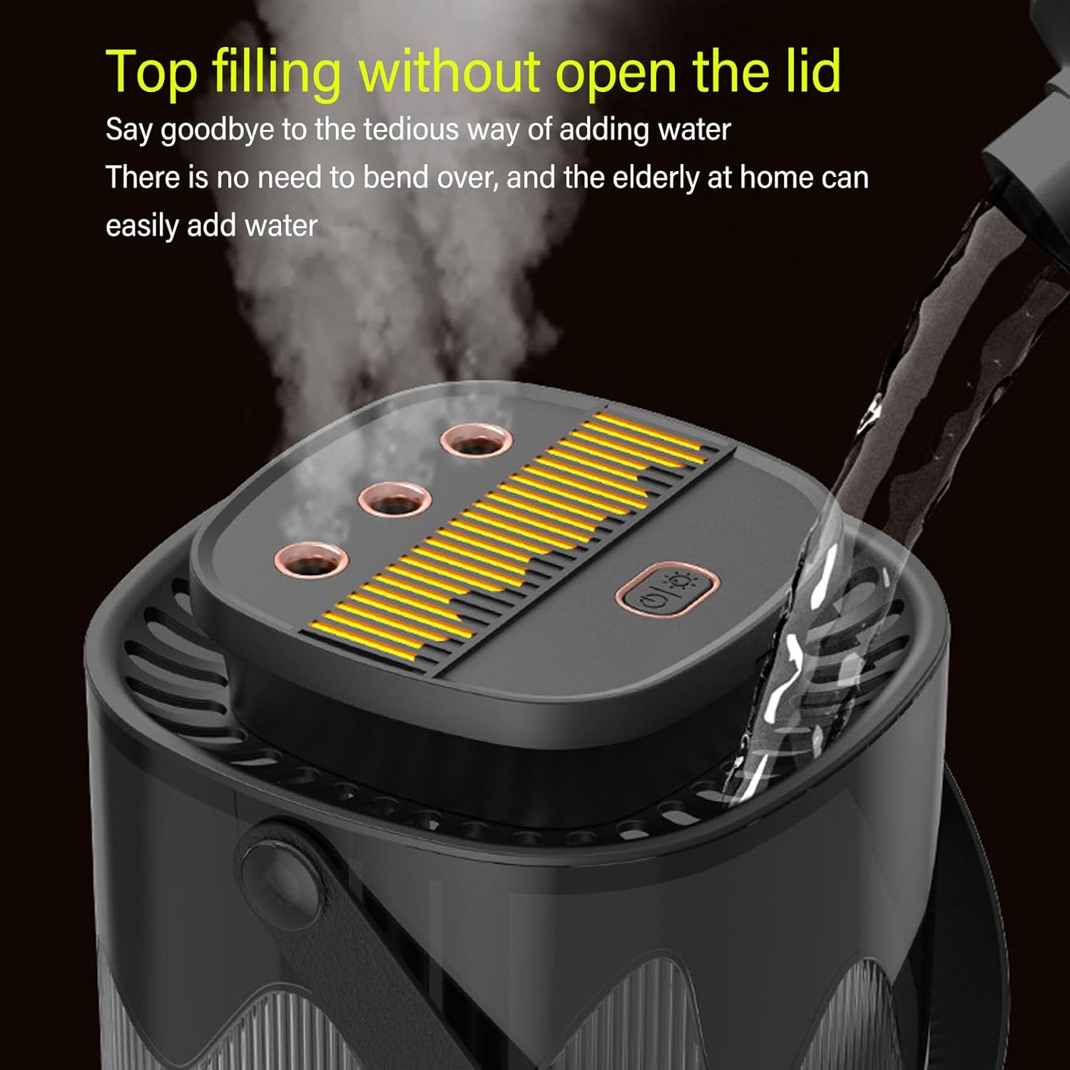 Person pouring water directly into the top of a large room humidifier without opening the lid.