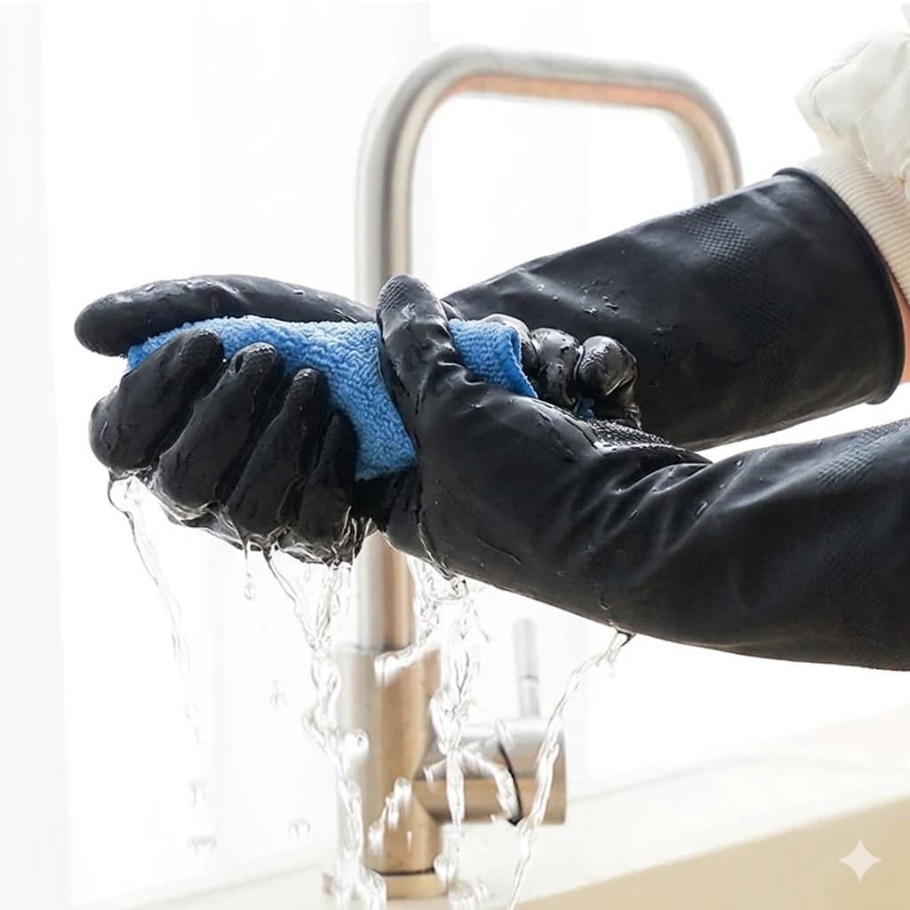 Person wringing out a blue microfiber cleaning wipe under a faucet to show high water absorbency and easy cleaning.