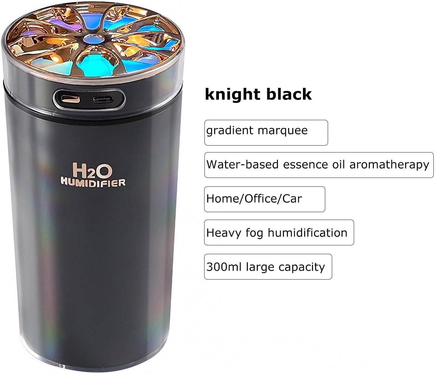 Knight black car humidifier 300ml featuring heavy fog humidification and water-based essence oil aromatherapy.