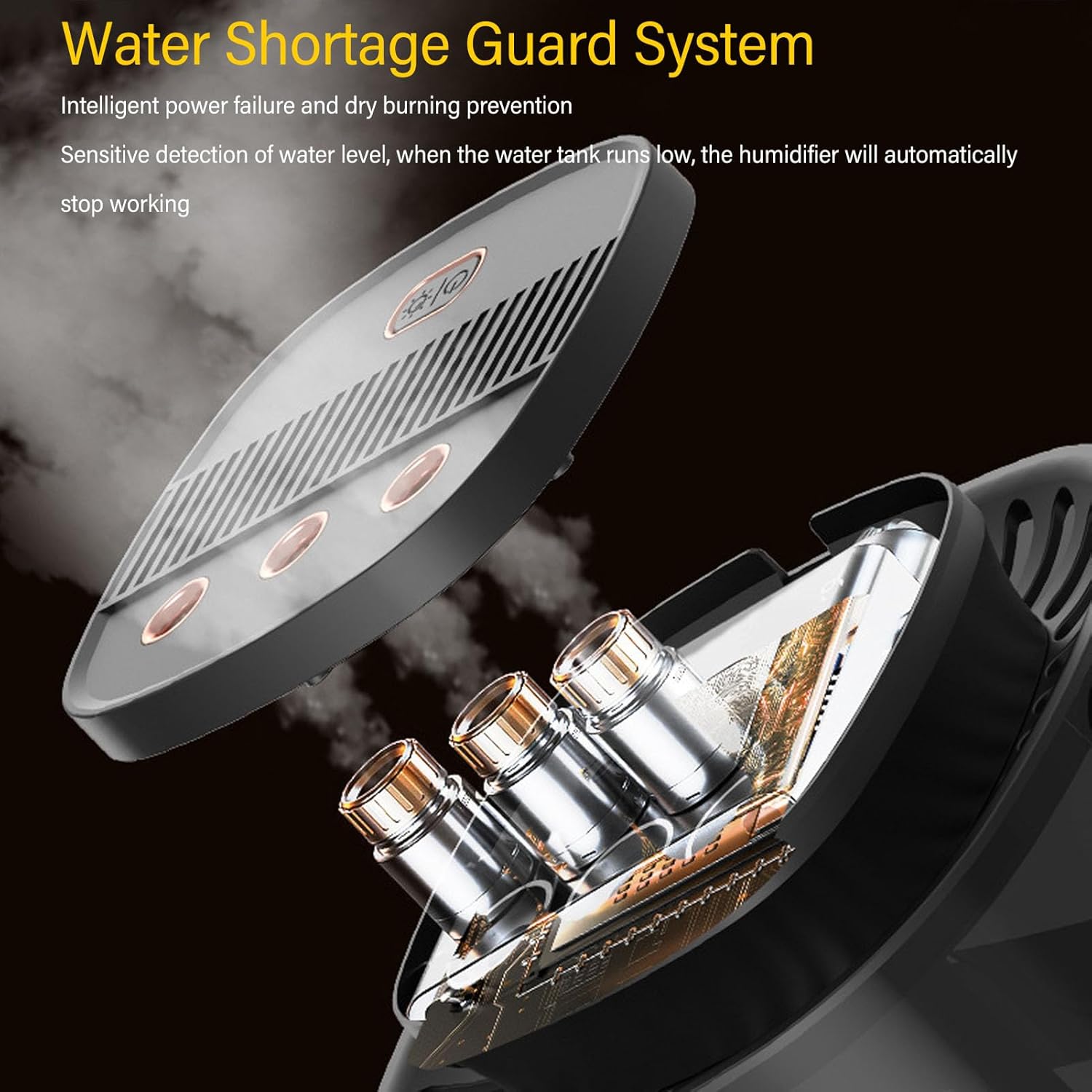 Internal view of the large room humidifier showing the intelligent power failure and dry burning prevention sensors.
