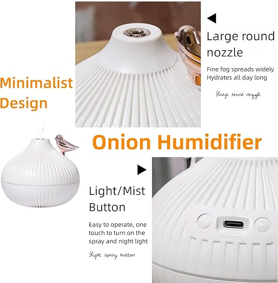 Detailed view of a minimalist cute onion mini humidifier design showing the large round nozzle and control buttons.