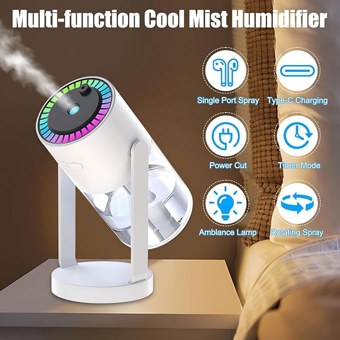 Features of the cool mist star projector humidifier including Type-C charging, timer mode, and rotating spray function.