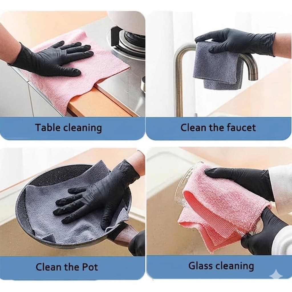 Demonstration of microfiber cleaning wipes for table cleaning glass cleaning faucet polishing and cleaning the pot.