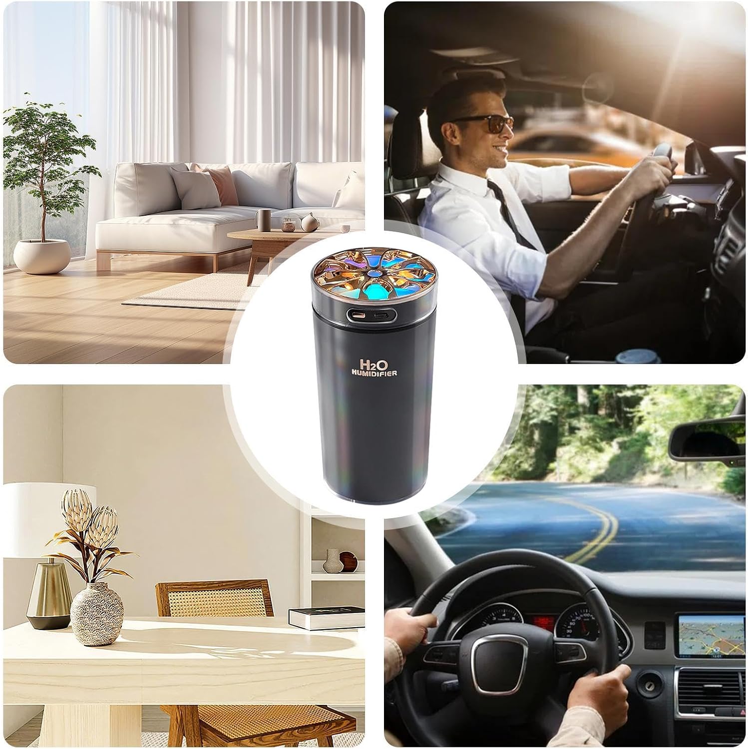 Premium black car humidifier 300ml displayed in a multi scene collage for vehicle dashboard and living room decoration from a trusted store.