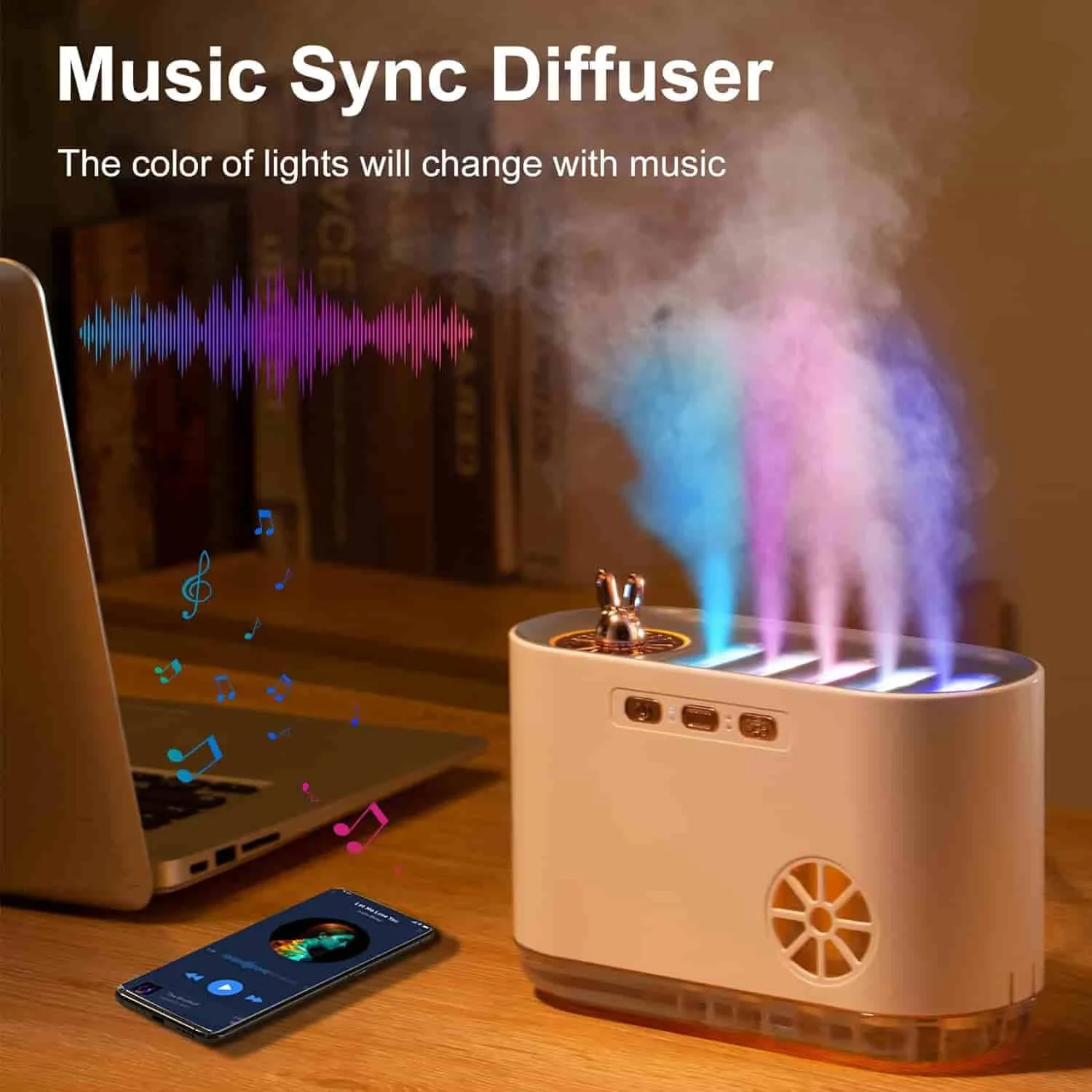 Sound wave diffuser with music sync technology and changing LED colors from a trusted store.