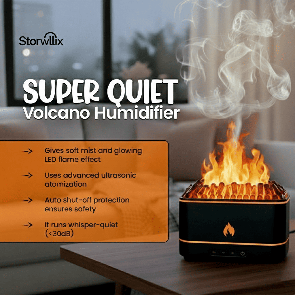 Buy the original volcano humidifier black with glowing LED flame effect and whisper-quiet operation from our trusted store.