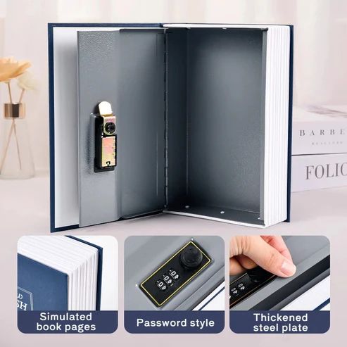Internal view of a dictionary book locker featuring a password lock, simulated pages, and a thickened steel plate.