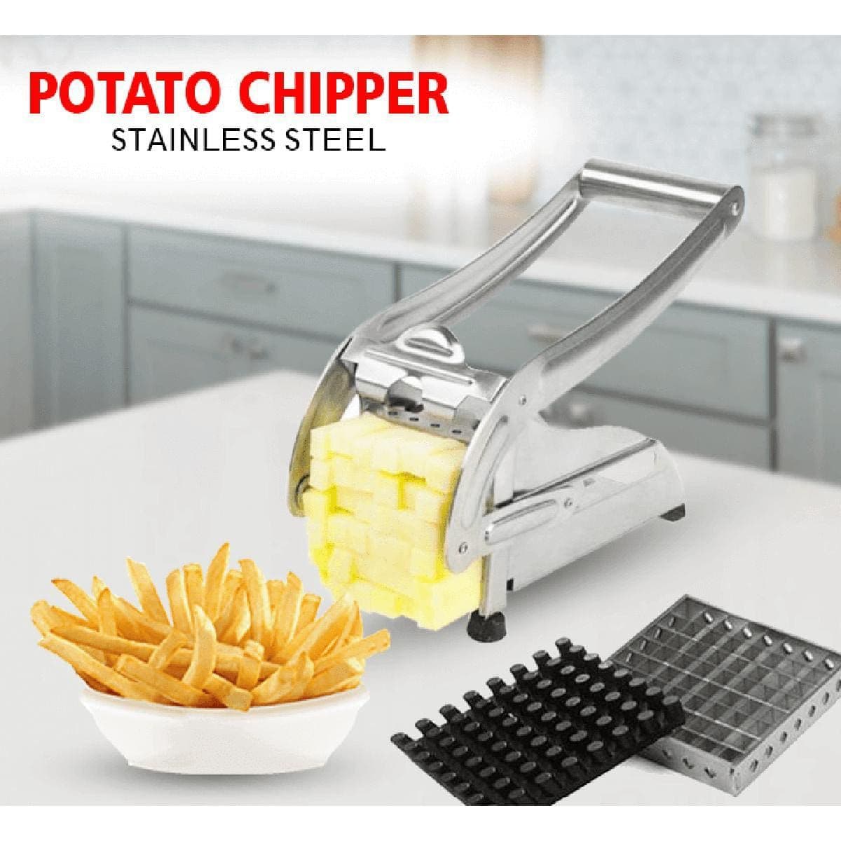 Premium stainless steel potato chipper shown with perfectly cut raw potato sticks and a bowl of finished French fries.