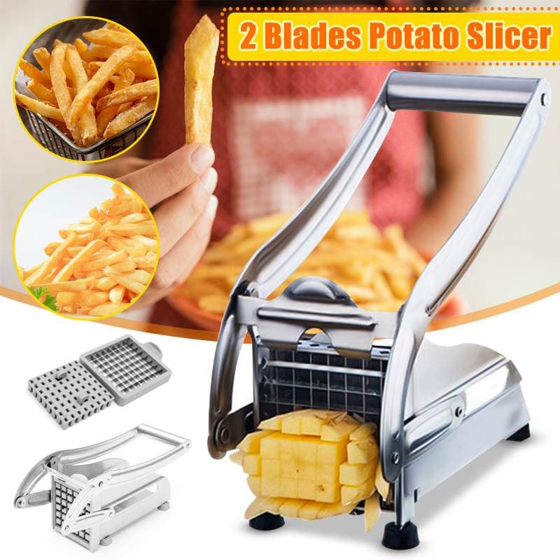 Professional stainless steel potato chipper with 2 interchangeable blades showing perfectly sliced potatoes and crispy fried chips.