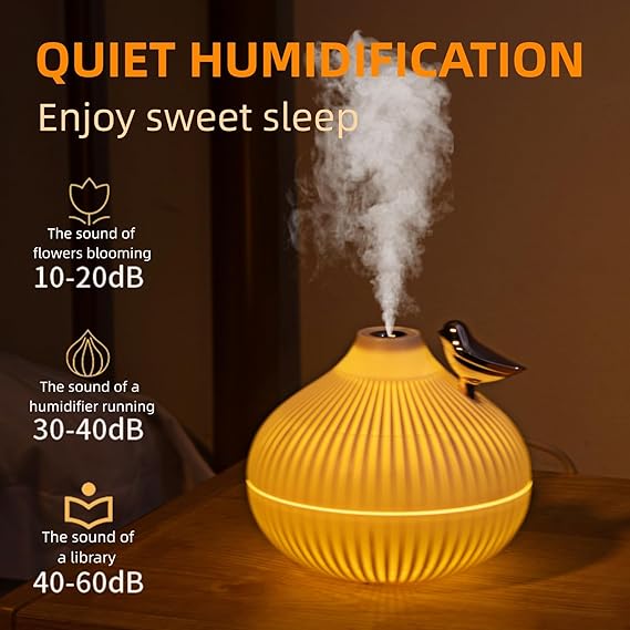 A cute onion mini humidifier model on a wooden table showing low decibel levels for quiet sleep.