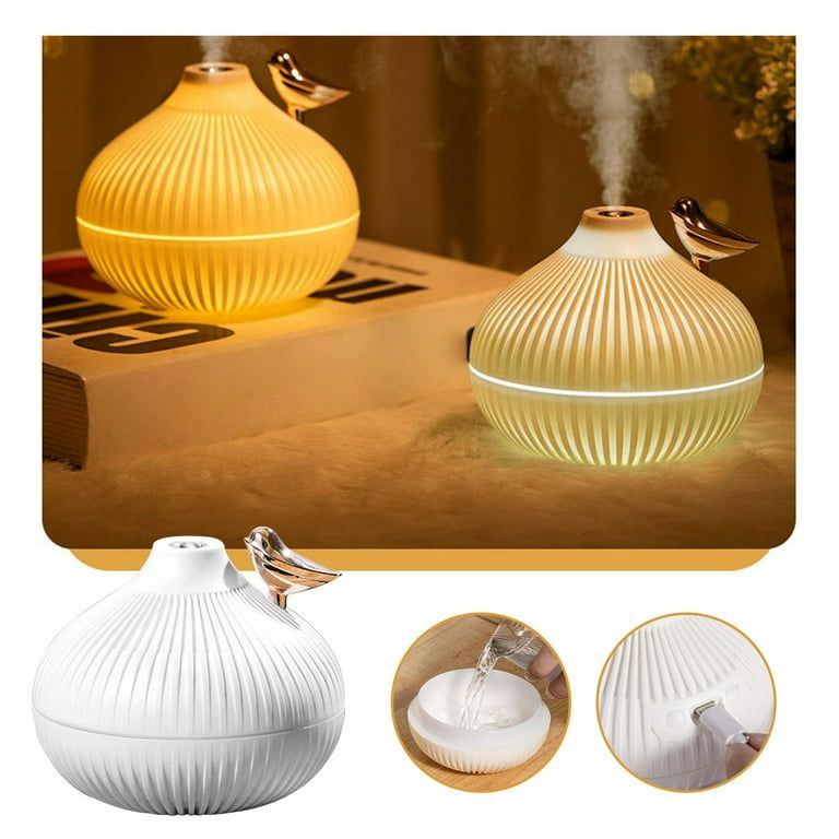 Collage showing the cute onion mini humidifier product in use and steps for refilling water and connecting the USB cable