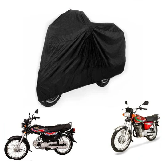 Illustration of a black waterproof bike cover showing how it fits over standard motorcycles including popular red and black bike models.