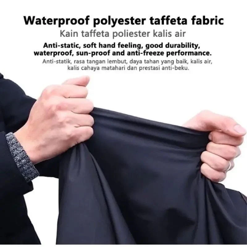 Close-up of a person stretching the durable waterproof polyester taffeta fabric of a waterproof bike cover to show its anti-static and soft-hand feeling.
