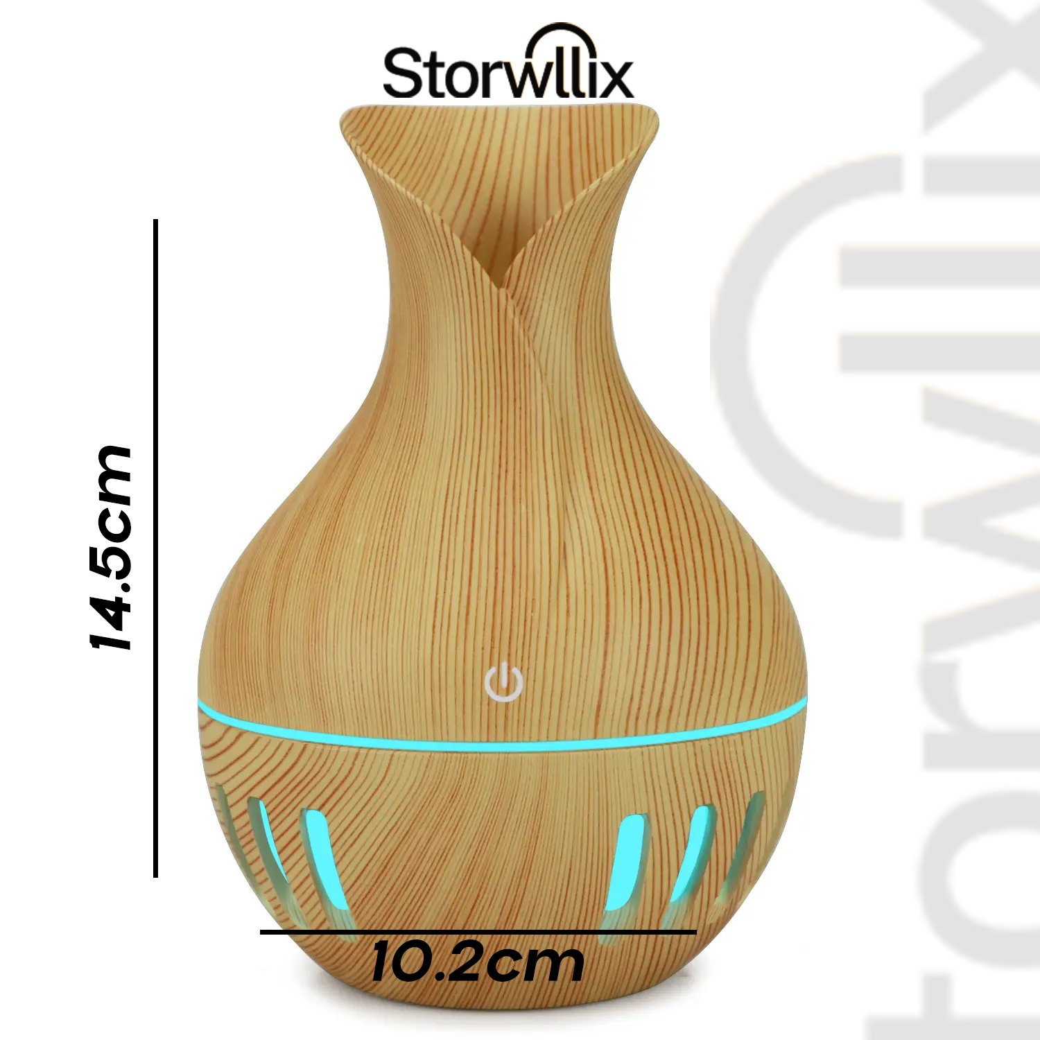 Accurate size dimensions for the light wood aroma humidifier original product, measuring 14.5cm in height.
