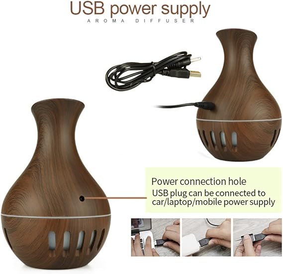USB power supply connection guide for the Electric Wood Texture Humidifier original product, compatible with laptops and power banks.