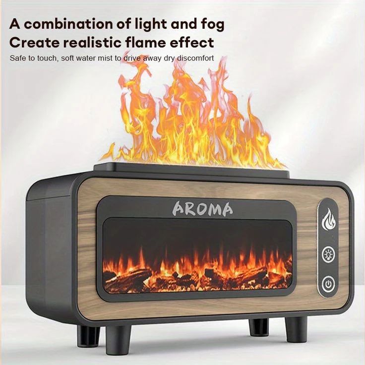 Wooden texture fireplace aroma diffuser original product creating a realistic flame effect with soft water mist.