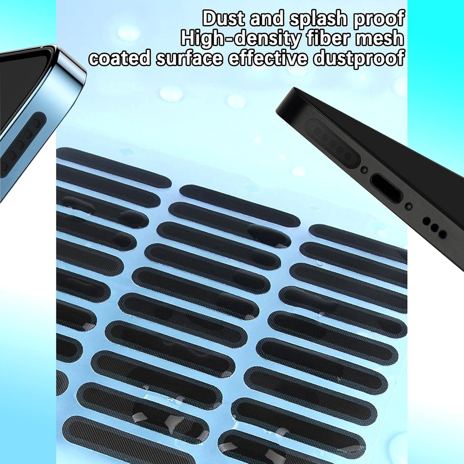 Detailed view of phone dustproof stickers showing the high-density fiber mesh that is both dust and splash proof.