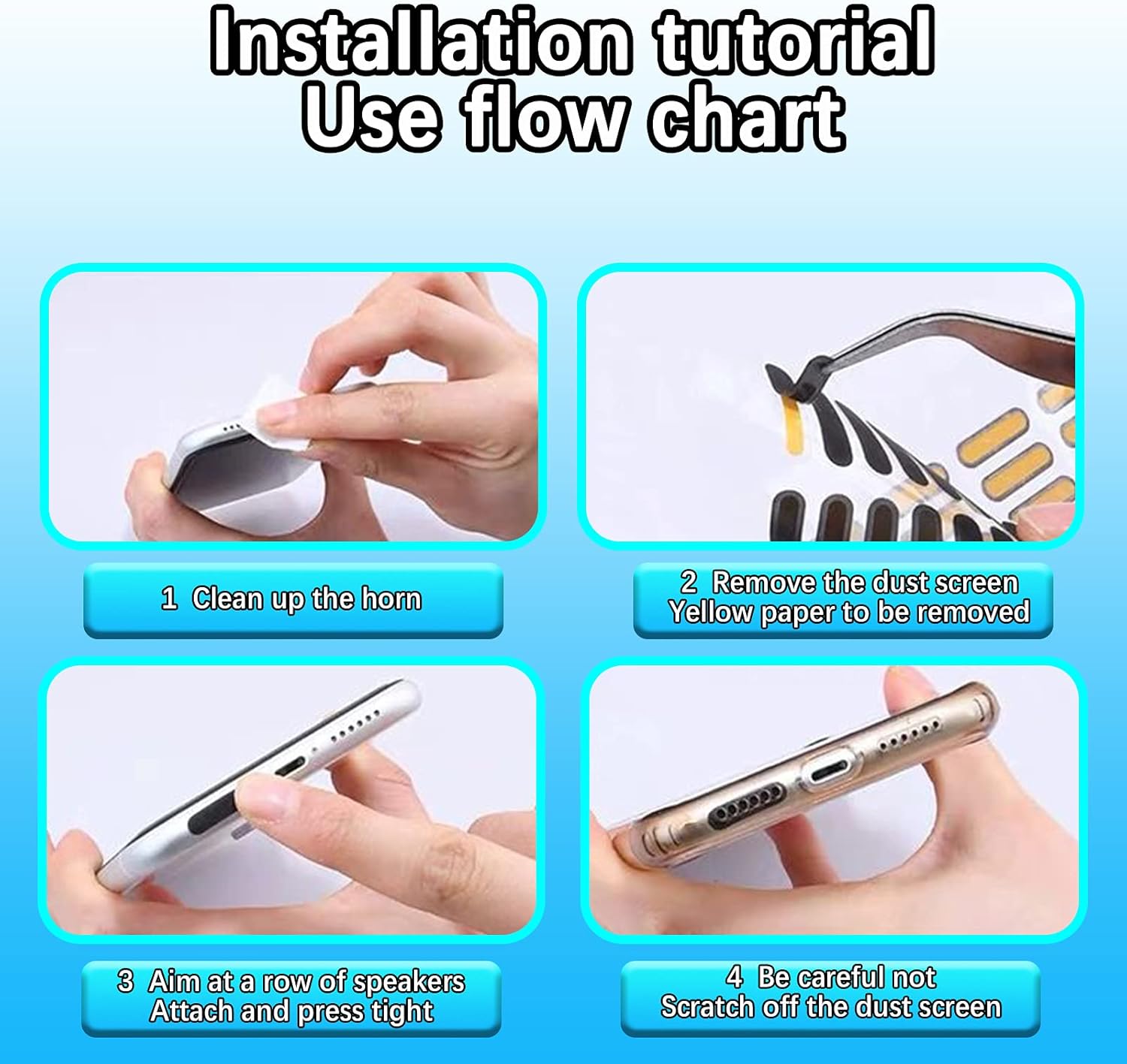 4-step installation tutorial for phone dustproof stickers showing cleaning, removing the yellow paper, attaching to speakers, and final check.
