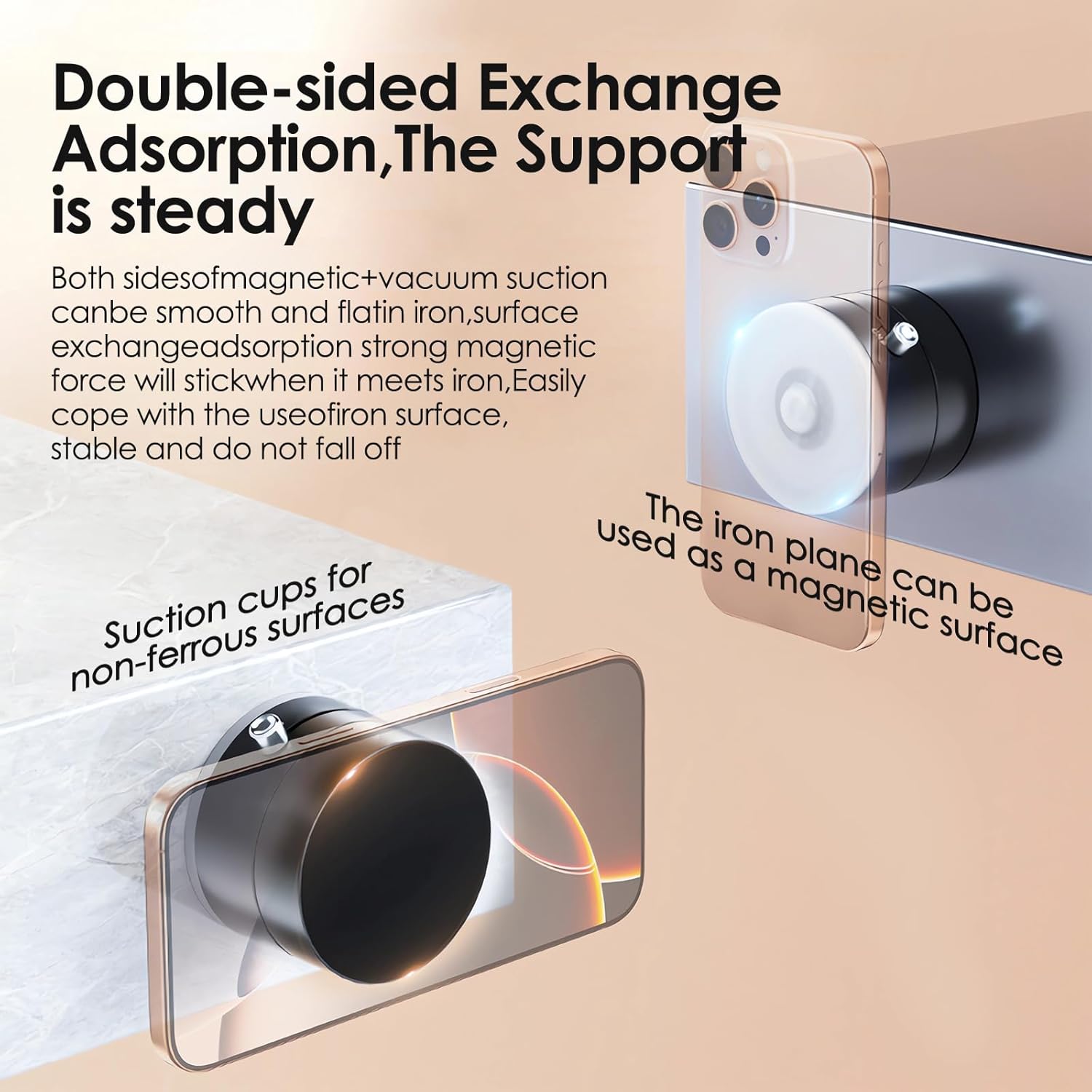 Dual-functional Vacuum Suction Magnetic Phone Holder showing magnetic adsorption on iron planes and vacuum suction cup usage on non-ferrous surfaces like marble for a steady support.