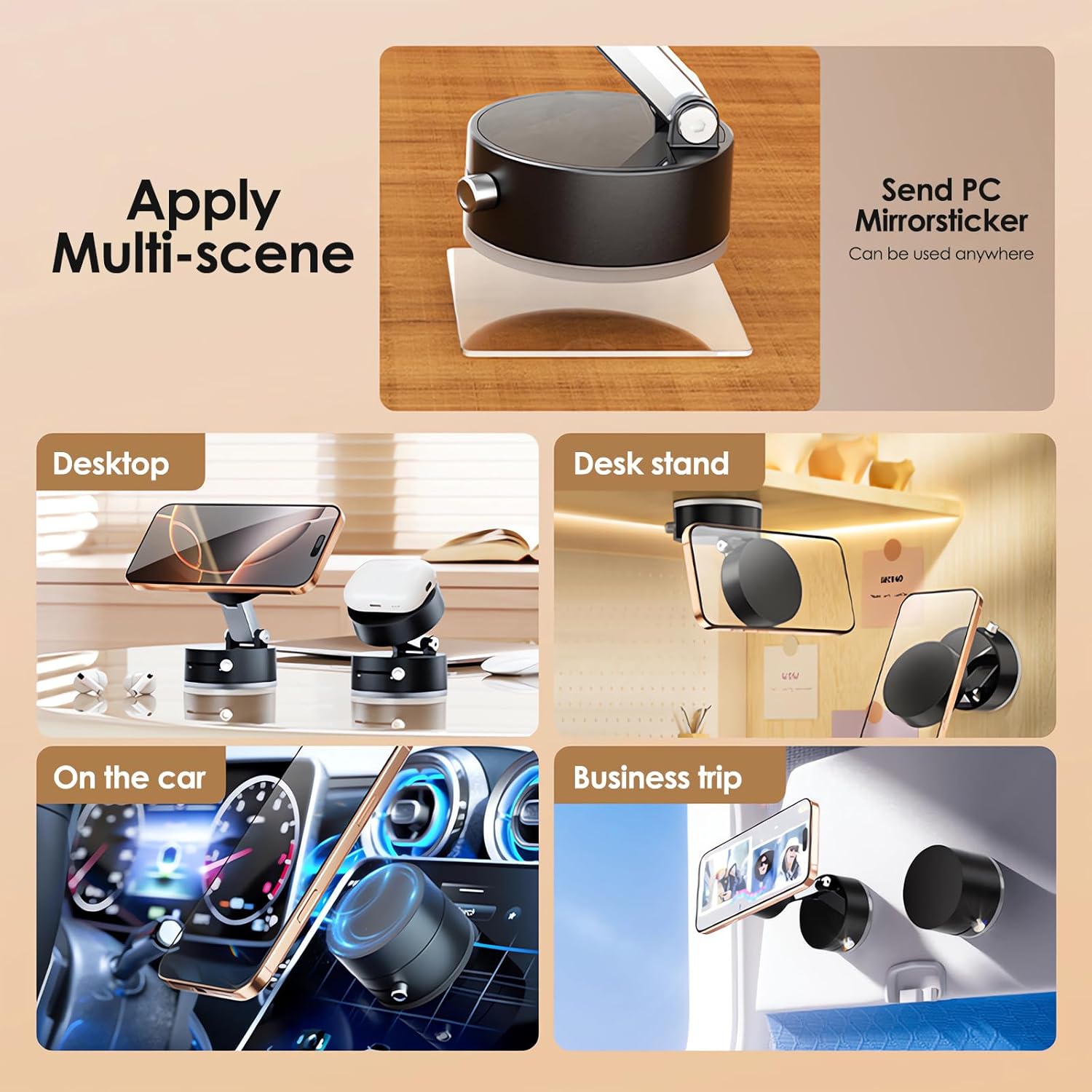 Multi-scene Vacuum Suction Magnetic Phone Holder showing usage on car dashboard, office desktop, and during business trips with a PC mirror sticker for versatile mounting.