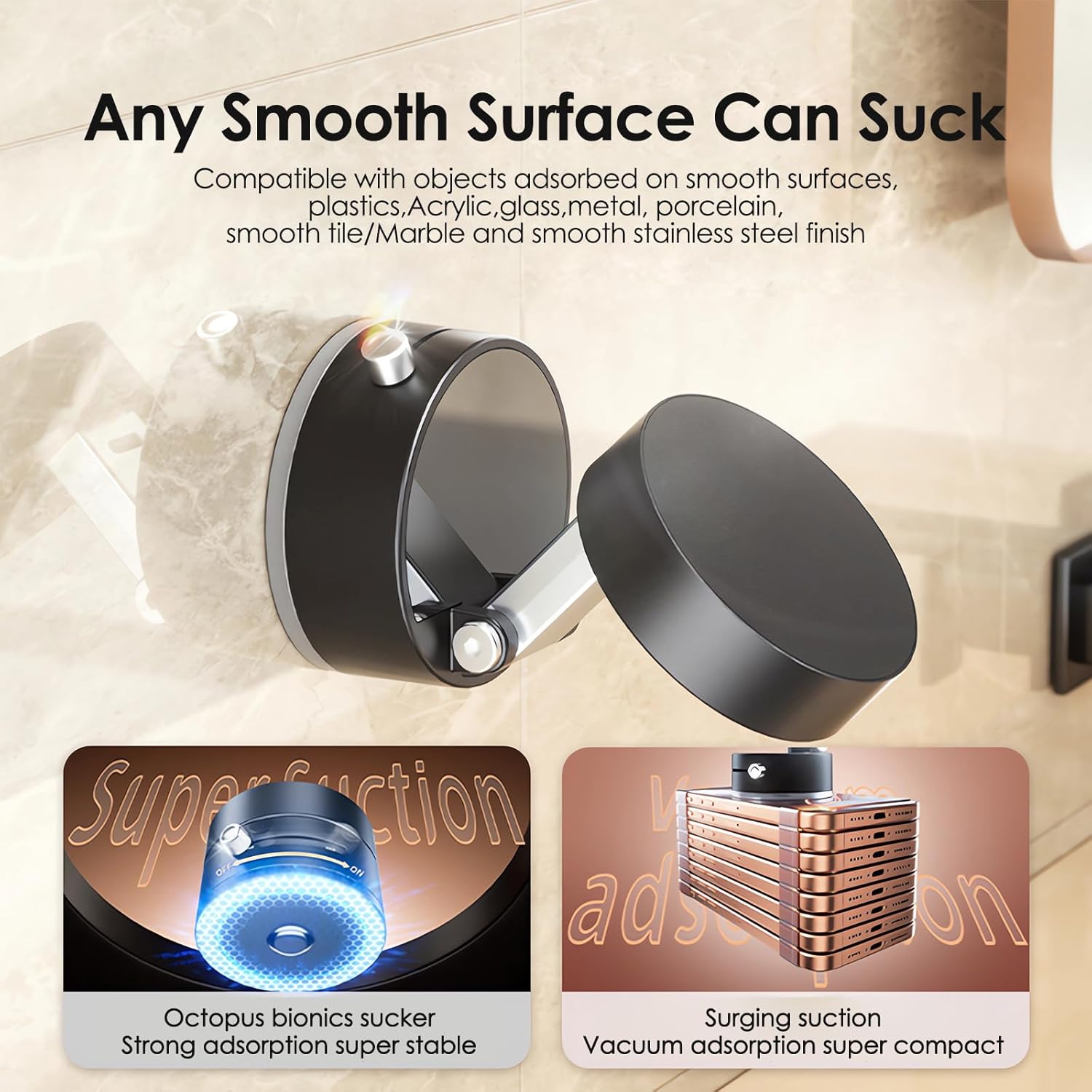 A versatile Vacuum Suction Magnetic Phone Holder featuring an octopus bionics sucker for strong adsorption on smooth surfaces like marble, glass, metal, and porcelain with surging vacuum suction.