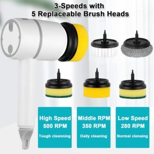 An electric spin scrubber featuring 3 adjustable speeds (High 500 RPM, Middle 350 RPM, Low 280 RPM) and 5 replaceable cleaning brush heads including a steel wool and sponge attachments.